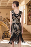 Black Golden Sequins Fringed V-Neck Bodycon 1920s Dress With 5-Piece Accessories Set