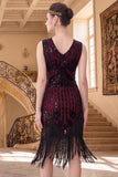 Black Red V-Neck Sequins Bodycon Fringed Midi 1920s Dress With 5-Piece Accessories Set
