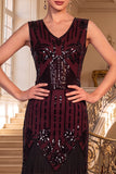 Black Red V-Neck Sequins Bodycon Fringed Midi 1920s Dress With 5-Piece Accessories Set