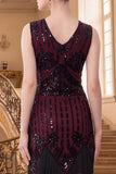 Black Red V-Neck Sequins Bodycon Fringed Midi 1920s Dress With 5-Piece Accessories Set