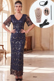 Navy V-Neck Sheath Short Sleeves Sequins 1920s Dress With 5-Piece Accessories Set