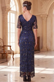 Navy V-Neck Sheath Short Sleeves Sequins 1920s Dress With 5-Piece Accessories Set