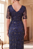 Navy V-Neck Sheath Short Sleeves Sequins 1920s Dress With 5-Piece Accessories Set