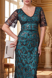 Peacock Green V-Neck Sheath Sequins Long 1920s Dress With 4-Piece Accessories Set