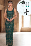 Dark Green Scoop Neck Sequins Sheath Fringed Long 1920s Dress With 4-Piece Accessories Set