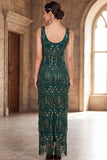 Dark Green Scoop Neck Sequins Sheath Fringed Long 1920s Dress With 4-Piece Accessories Set