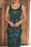 Dark Green Scoop Neck Sequins Sheath Fringed Long 1920s Dress With 4-Piece Accessories Set