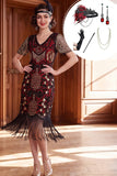 Black Red V-Neck Sequins Bodycon Fringed 1920s Dress With 5-Piece Accessories Set