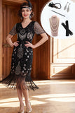 Black Silver V-Neck Bodycon Sequins Fringed 1920s Dress With 5-Piece Accessories Set