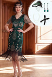 Dark Green V-Neck Sequins Fringed Bodycon 1920s Dress With 4-Piece Accessories Set