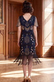 Black Silver V-Neck Sequins Beaded Bodycon Fringed 1920s Dress With 5-Piece Accessories Set