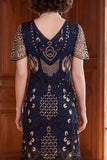 Black Silver V-Neck Sequins Beaded Bodycon Fringed 1920s Dress With 5-Piece Accessories Set