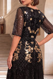 Black Golden Round Neck Sequins A-Line Half Sleeves 1920s Dress With 4-Piece Accessories Set