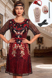 Black Red Round Neck Sequins A-Line Half Sleeves 1920s Dress With 4-Piece Accessories Set