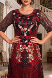 Black Red Round Neck Sequins A-Line Half Sleeves 1920s Dress With 4-Piece Accessories Set