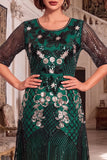 Dark Green Sequins Round Neck Half Sleeves A-Line 1920s Dress With 4-Piece Accessories Set