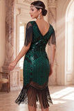 Dark Green V-Neck Sequins Fringed Bodycon Midi 1920s Dress With 4-Piece Accessories Set