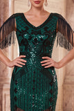 Dark Green V-Neck Sequins Fringed Bodycon Midi 1920s Dress With 4-Piece Accessories Set
