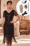Black V-Neck Beaded Sequins Bodycon Fringed Midi 1920s Dress With 4-Piece Accessories Set