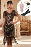 Black Golden V-Neck Sequins Fringed Bodycon Midi 1920s Dress With 4-Piece Accessories Set