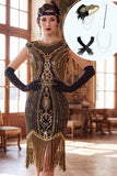 Black Golden Round Neck Sequins Fringed Cap Sleeves Midi 1920s Dress With 4-Piece Accessories Set