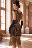 Black Golden Round Neck Sequins Fringed Cap Sleeves Midi 1920s Dress With 4-Piece Accessories Set