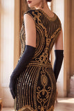 Black Golden Round Neck Sequins Fringed Cap Sleeves Midi 1920s Dress With 4-Piece Accessories Set