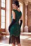 Bodycon Dark Green Round Neck Sequins Fringed Cap Sleeves Midi 1920s Dress With 4-Piece Accessories Set