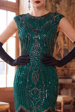 Bodycon Dark Green Round Neck Sequins Fringed Cap Sleeves Midi 1920s Dress With 4-Piece Accessories Set