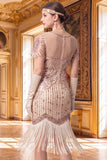 Apricot V-Neck Sequins Fringed Bodycon Midi 1920s Dress With 5-Piece Accessories Set