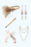 Apricot V-Neck Sequins Fringed Bodycon Midi 1920s Dress With 5-Piece Accessories Set