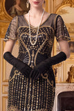 Black Golden V-Neck Sequins Bodycon Fringed Midi 1920s Dress With 4-Piece Accessories Set