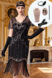 Black Silver V-Neck Sequins Fringed Bodycon Midi 1920s Dress With 5-Piece Accessories Set