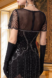 Black Silver V-Neck Sequins Fringed Bodycon Midi 1920s Dress With 5-Piece Accessories Set