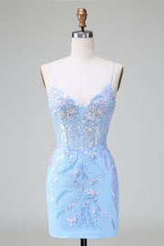 Blue Sequins Corset Open Back Short Homecoming Dress with Embroidery