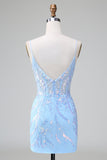 Blue Sequins Corset Open Back Short Homecoming Dress with Embroidery