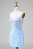Blue Sequins Corset Open Back Short Homecoming Dress with Embroidery