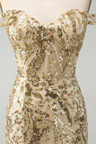 Sparkly Bodycon Golden Off The Shoulder Homecoming Dress with Sequins