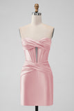 Stylish Fuchsia Bodycon Sweetheart Satin Corset Short Homecoming Dress