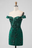 Sparkly Dark Green Off The Shoulder Tight Short Homecoming Dress with Sequins