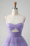 Cute Purple A Line Spaghetti Straps Tulle Tiered Short Homecoming Dress