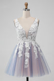 Elegant Grey Pink A Line V Neck Flowers Short Homecoming Dress with Pearl