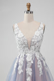 Elegant Grey Pink A Line V Neck Flowers Short Homecoming Dress with Pearl