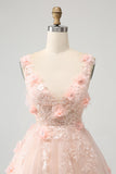 Sparkly Blush A Line V Neck Sequin Short Homecoming Dress with 3D Flowers