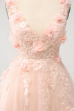 Sparkly Blush A Line V Neck Sequin Short Homecoming Dress with 3D Flowers