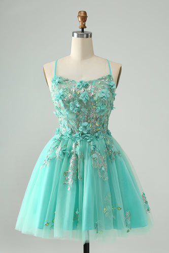 Green A Line Sequins Corset Short Tulle Homecoming Dress with Appliques