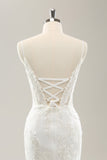 White Mermaid Spaghetti Straps Applique Lace Corset Wedding Dress with Lace-up Back