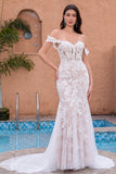 White Mermaid Off the Shoulder Sweep Train Bridal Dress with Applique Lace