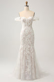 White Mermaid Off the Shoulder Sweep Train Wedding Dress with Applique Lace