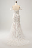 White Mermaid Off the Shoulder Sweep Train Bridal Dress with Applique Lace